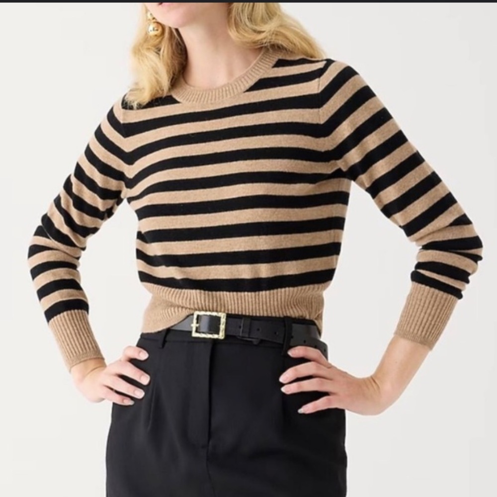 J Crew Shrunken Cashmere Crew in Camel and Black Stripe